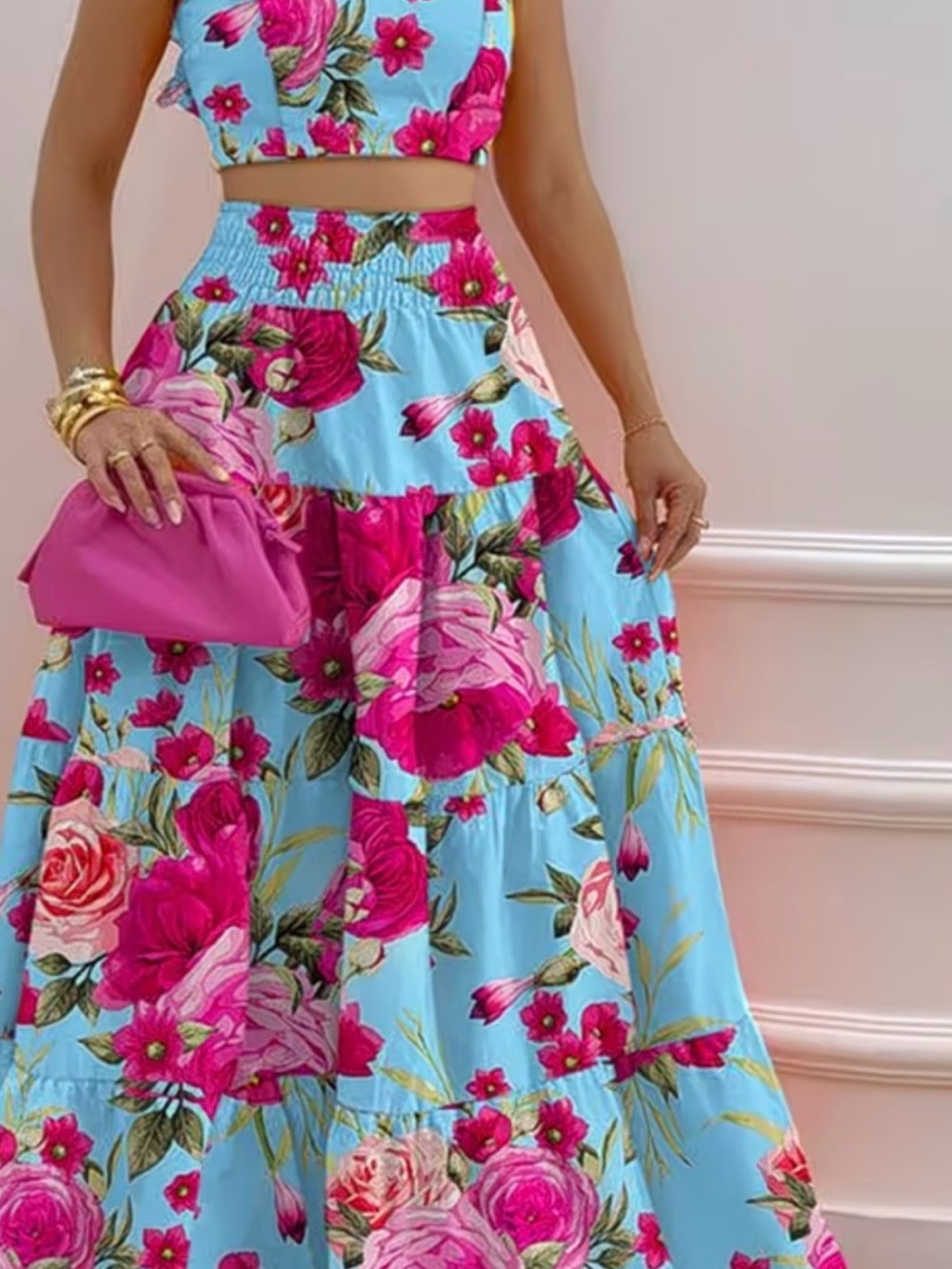 ๐HOST PICK Style Spotlight ๐Floral ๐ธ2 pc Skirt in Bright Pink on Sky Blue set - Picture 5 of 6